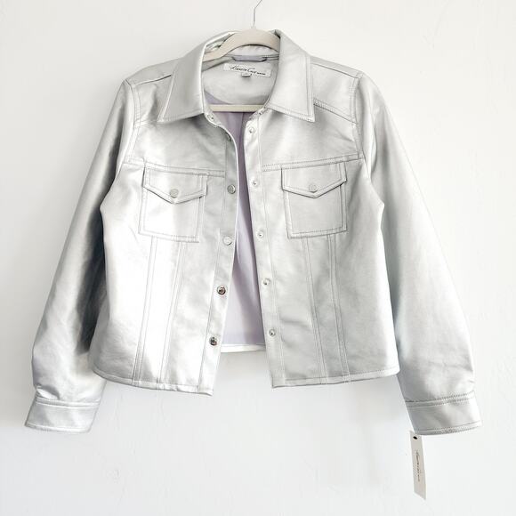 Kenneth Cole Faux Leather Metallic Silver Button Down Jacket Size Medium - Picture 2 of 6